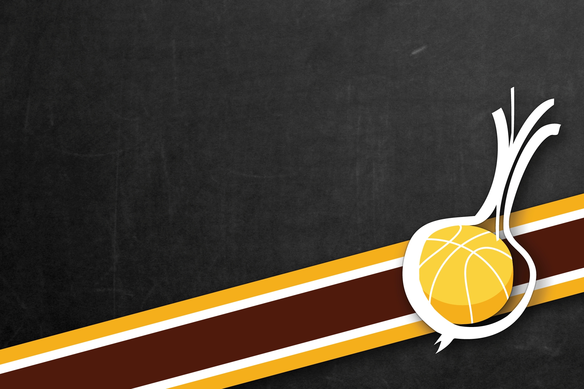 A diagonal row of gold, white and brick red stripes cuts across a chalkboard from the bottom left to the center right. On top of the stripes at the right side, there is a white outline of an onion with a yellow basketball in the center of it.